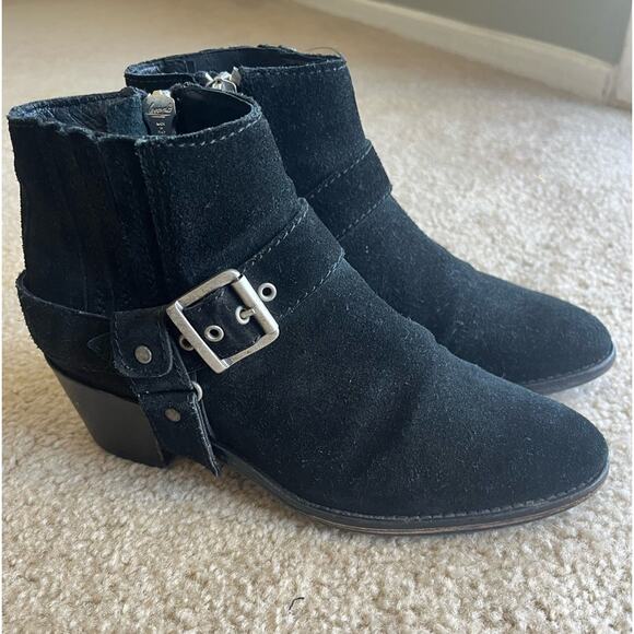 AllSaints Suede Quentin Harness Black suede Western Boho Goth Ankle Boots sz 38 - Picture 1 of 14